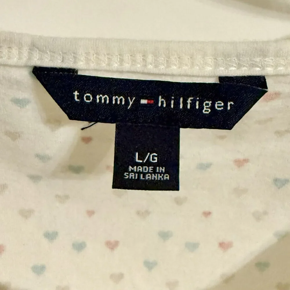 Vintage TOMMY HILFIGER Babydoll Knit Crew Top Girl's Size L White w/Hearts Y2K